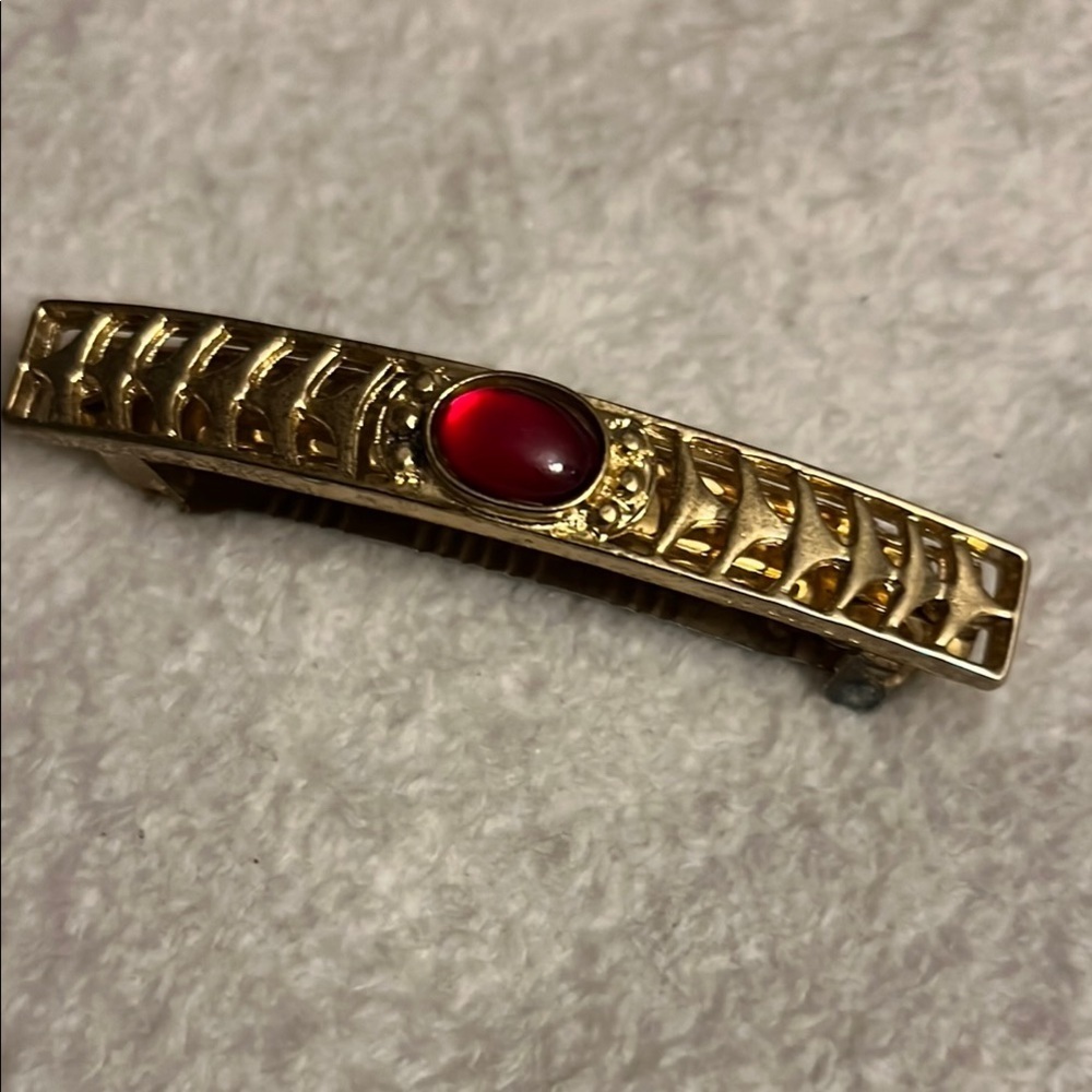 Vintage Gold-Tone Barrette with Red Cabochon Accent